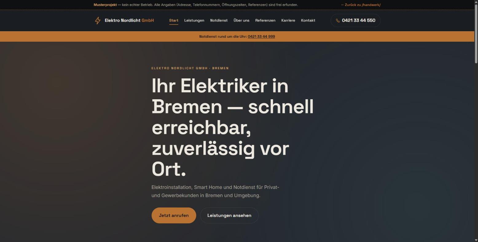 Screenshot der Musterwebsite Elektro Nordlicht GmbH